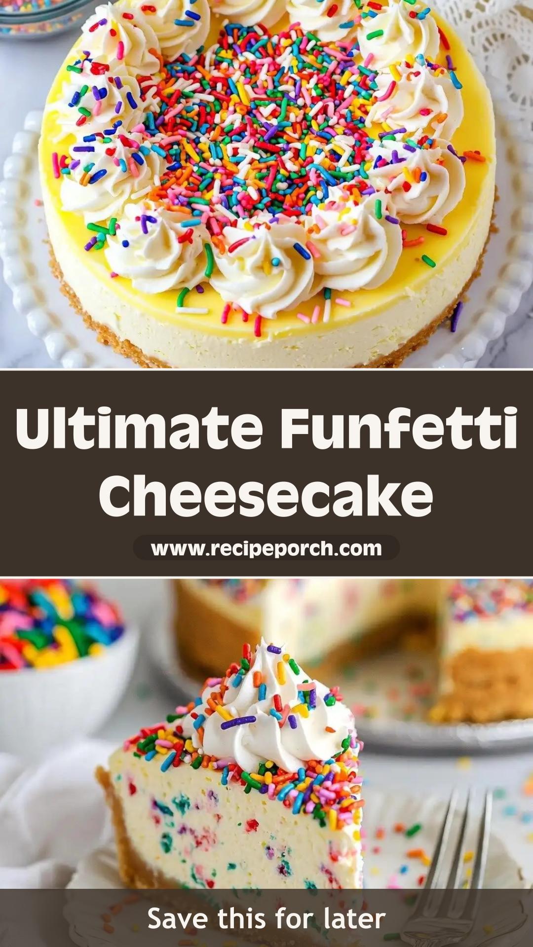 Funfetti Cheesecake with Creamy Vanilla Filling and Colorful Sprinkles — pin 1