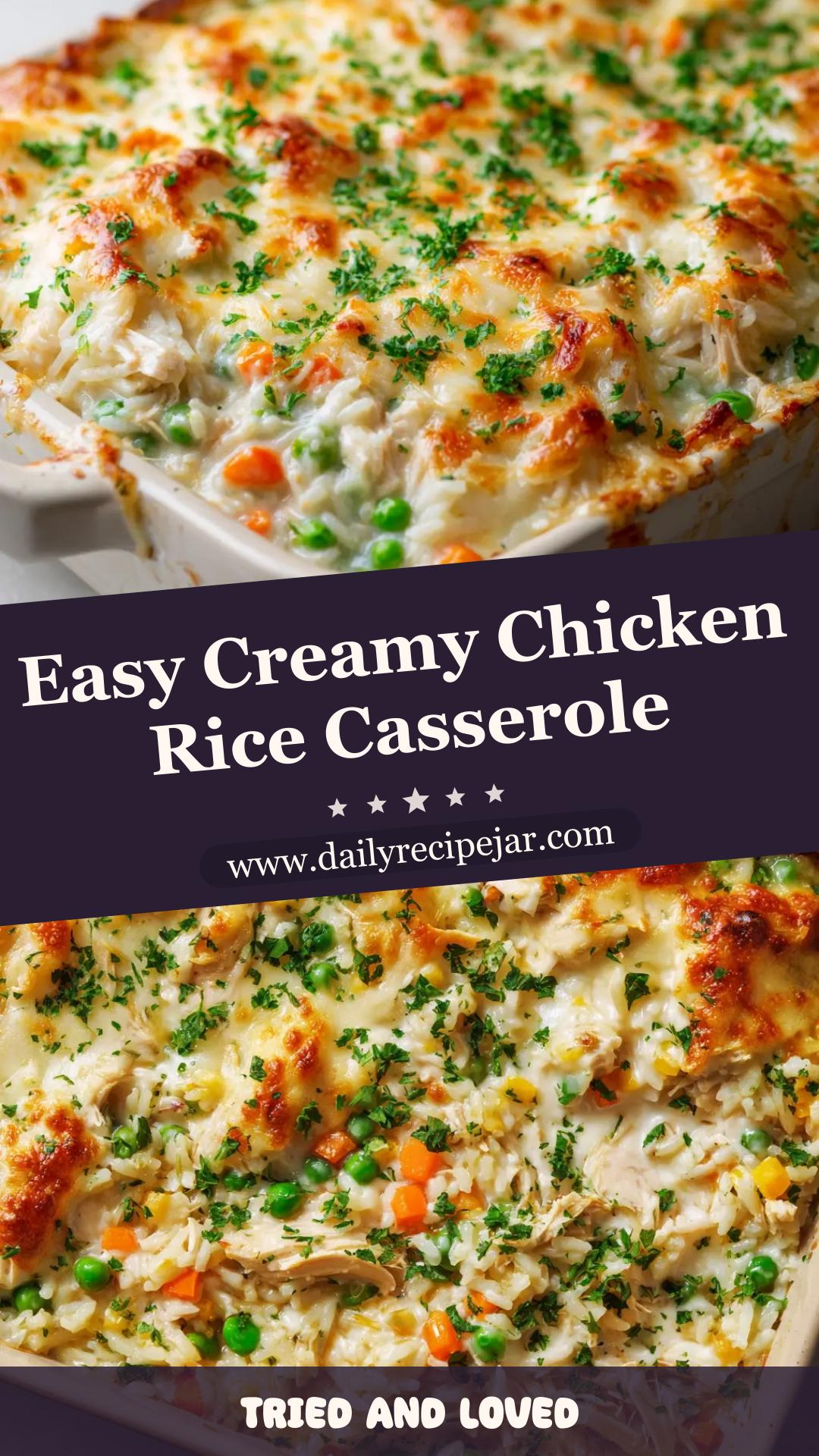 Creamy Chicken and Rice Casserole with Cheddar and Mozzarella — pin 1