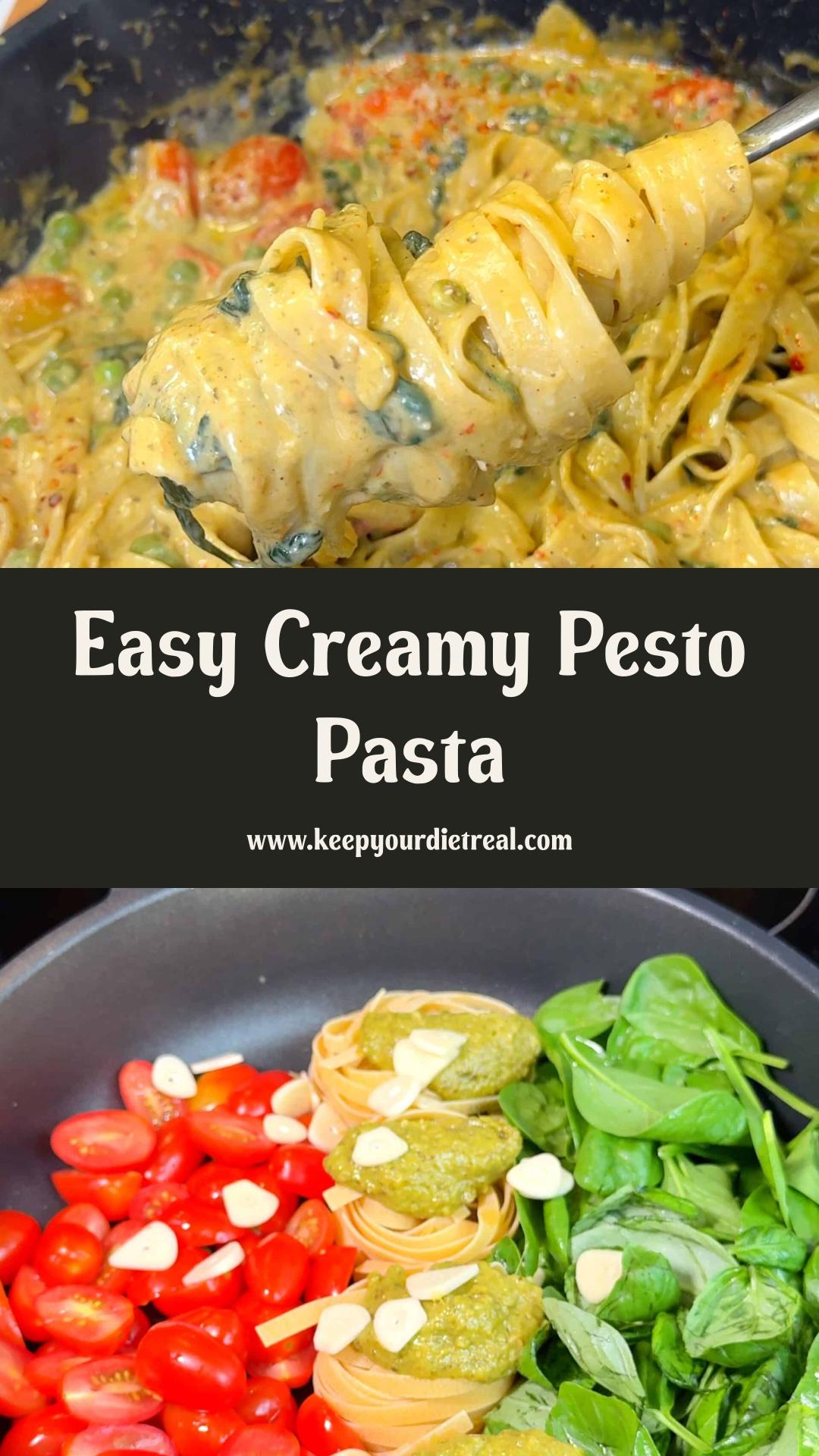 One-Pot Creamy Pesto Pasta with Tagliatelle and Cherry Tomatoes — pin 1