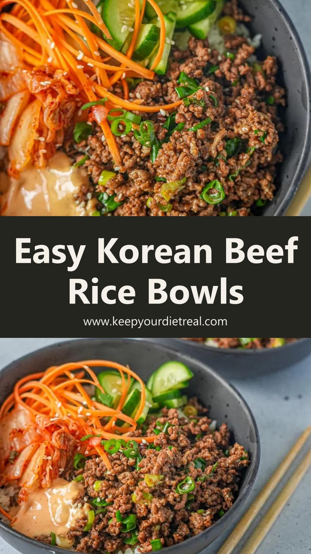 Korean Beef Rice Bowls With Creamy Gochujang Mayo and Kimchi — pin 1