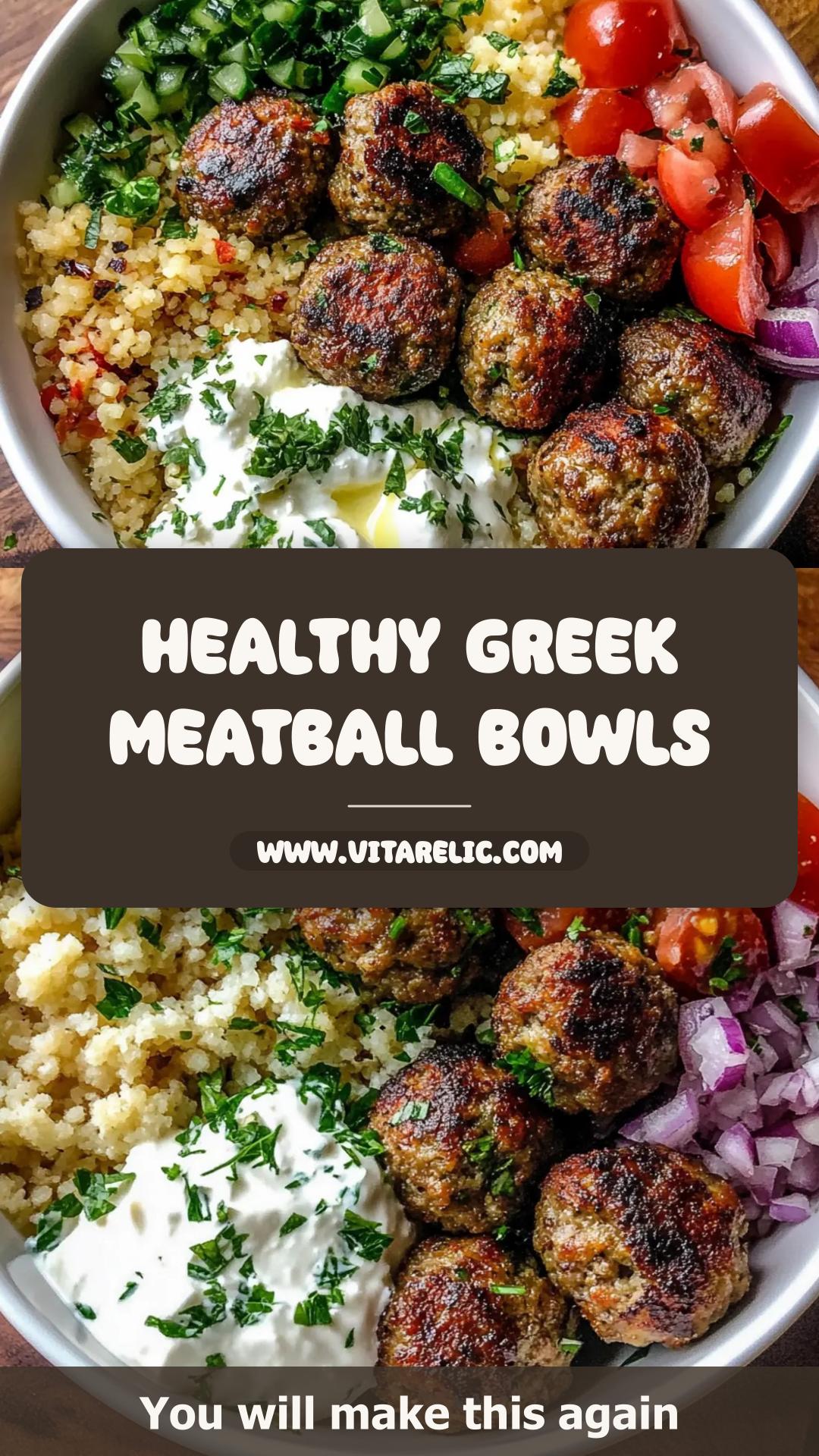 Greek Meatball Bowls with Quinoa and Tzatziki — pin 1