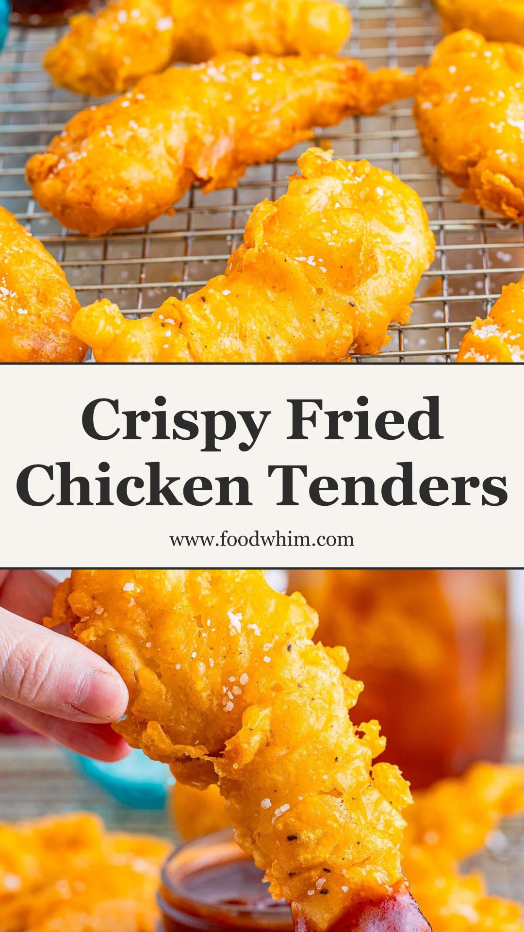 Crispy Fried Battered Chicken Tenders With Puffy Craggy Wet Batter — pin 1