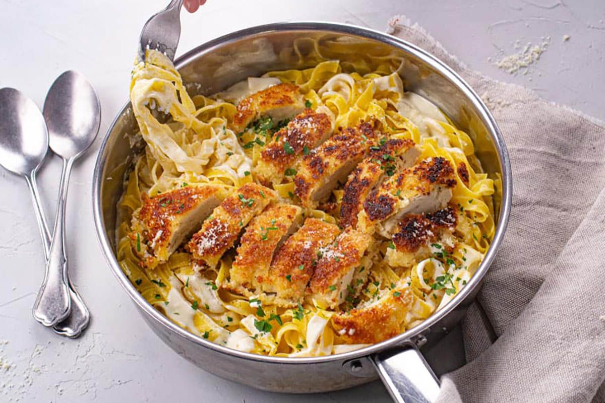 Crispy Chicken and Tagliatelle Alfredo with Parmesan Cream Sauce