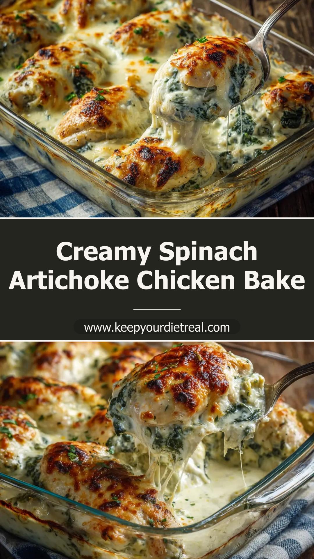 Spinach Artichoke Chicken Bake with Cream Cheese and Mozzarella — pin 2