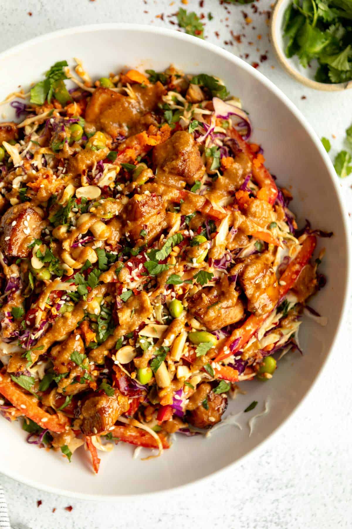 Asian Chicken Crunch Salad with Sesame Chicken and Peanut Dressing