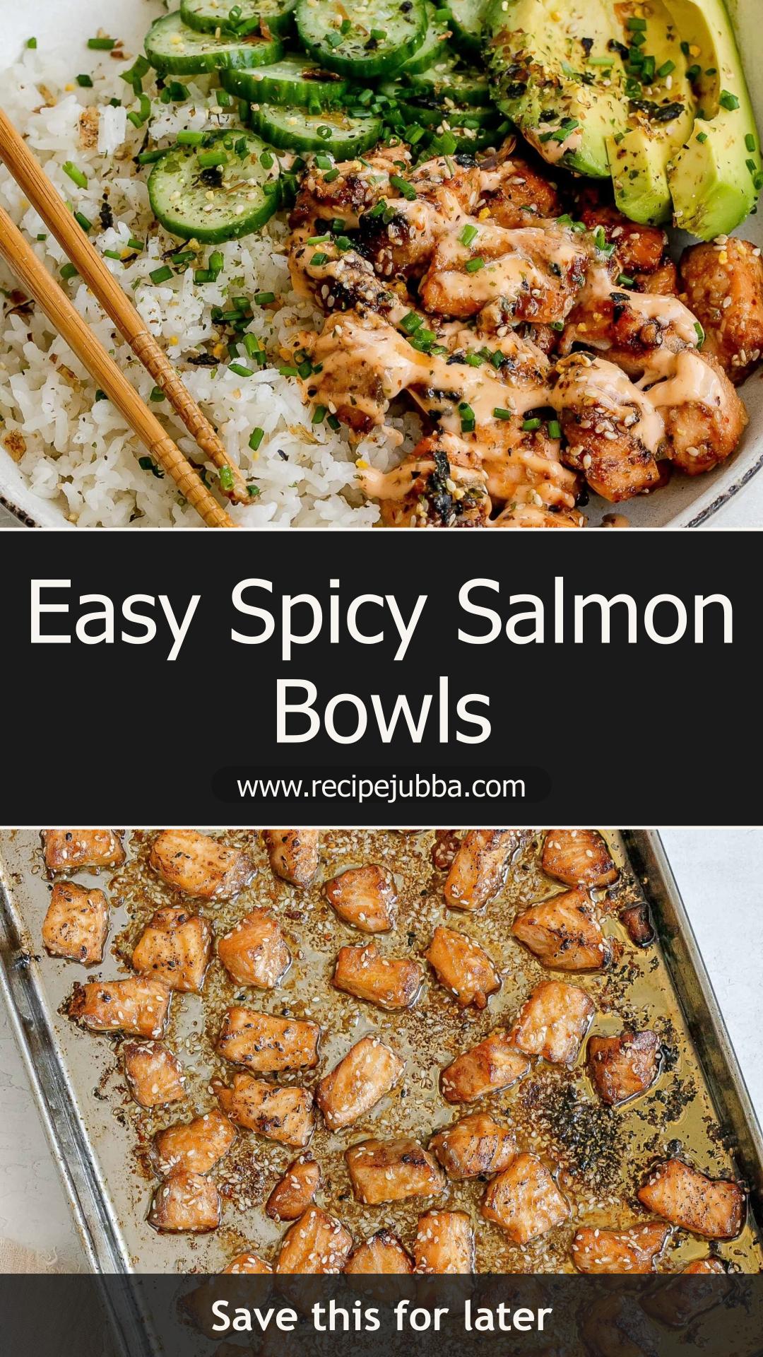 Spicy Salmon Bowls with Coconut Rice and Quick-Pickled Cucumber — pin 1