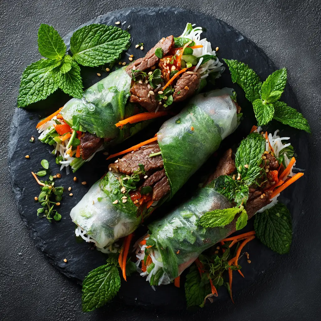Thai Basil Beef Rolls with Peanut Dipping Sauce | Daily Kitchen Recipes