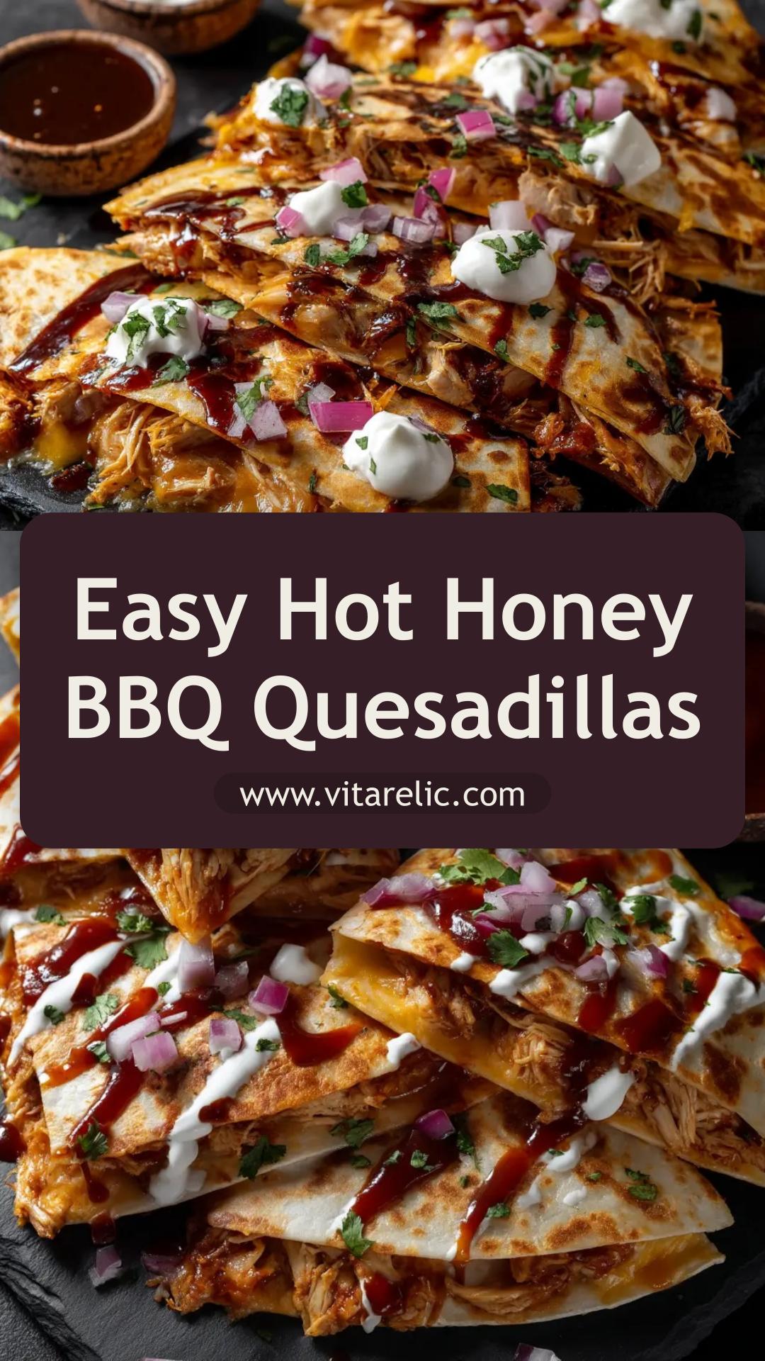 Hot Honey BBQ Chicken Quesadillas with Monterey Jack and Cheddar — pin 1