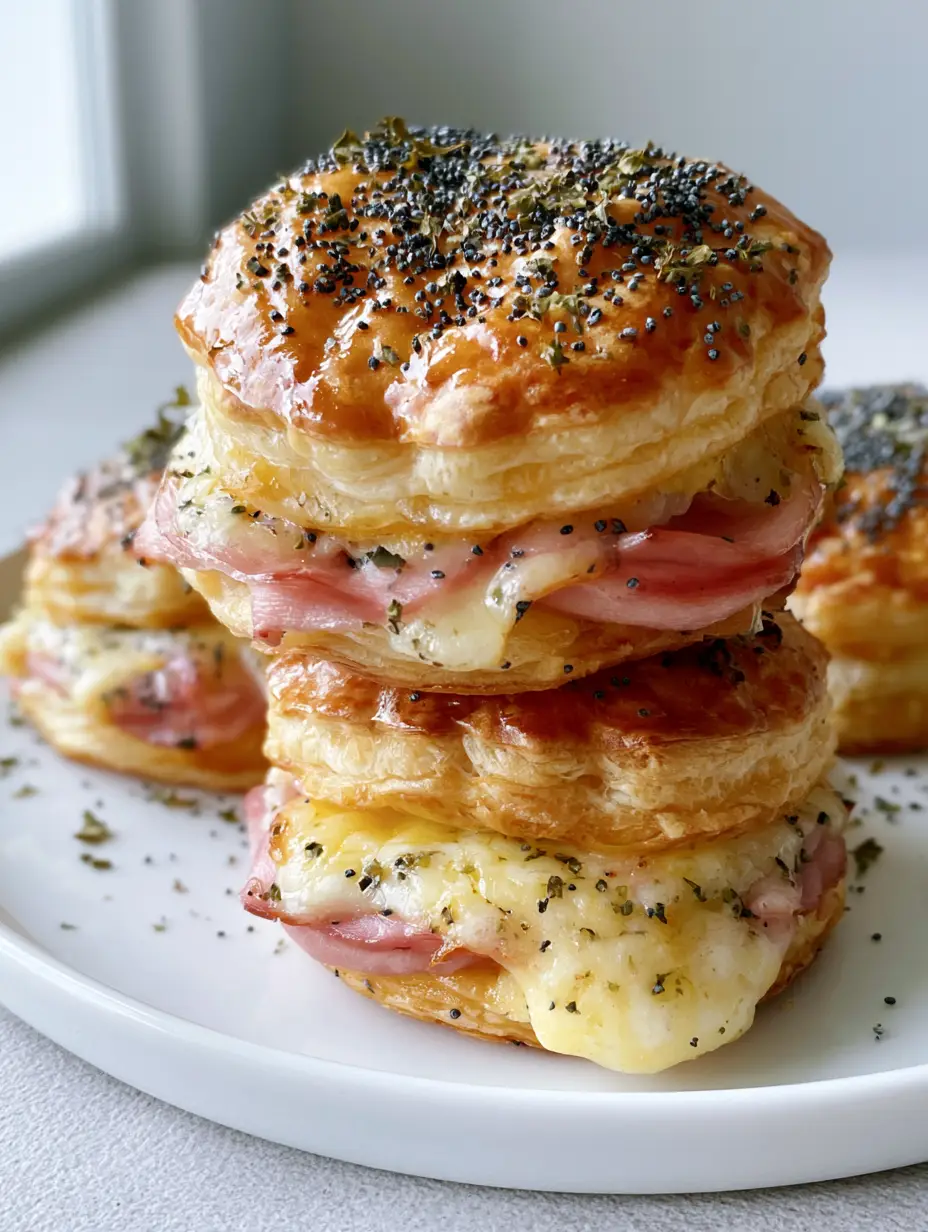 Ham and Cheese Puff Pastry Stacks with Poppy Seed Crust