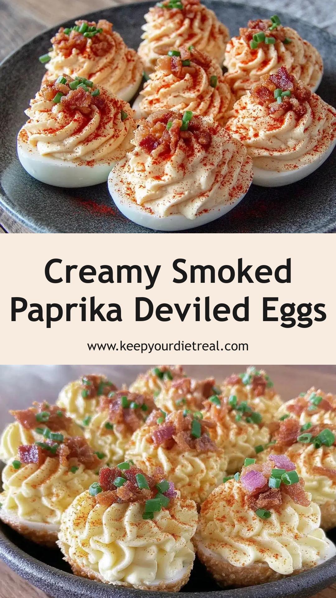 Smoked Paprika Deviled Eggs: Creamy Filling with Crispy Bacon Bits — pin 1