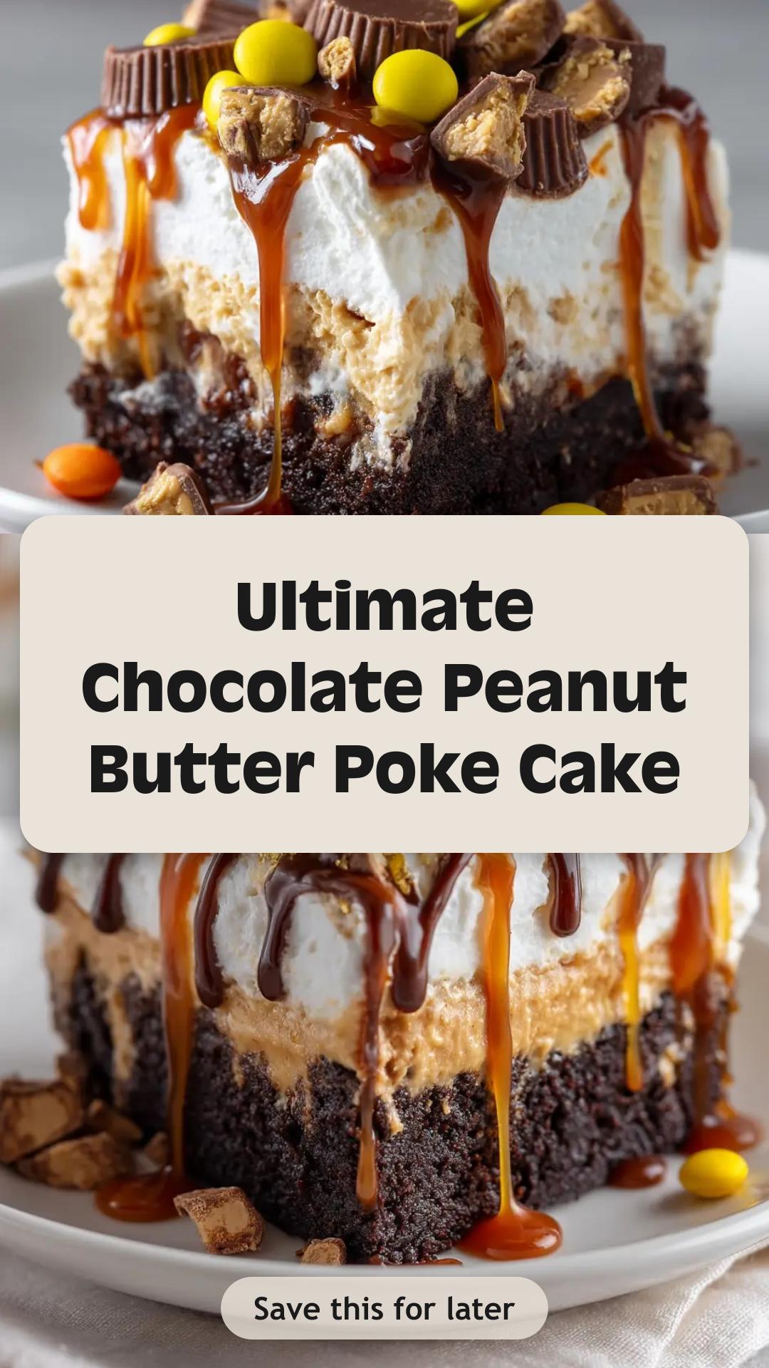 Chocolate Peanut Butter Poke Cake with Whipped Cream and Peanut Butter Cups — pin 2