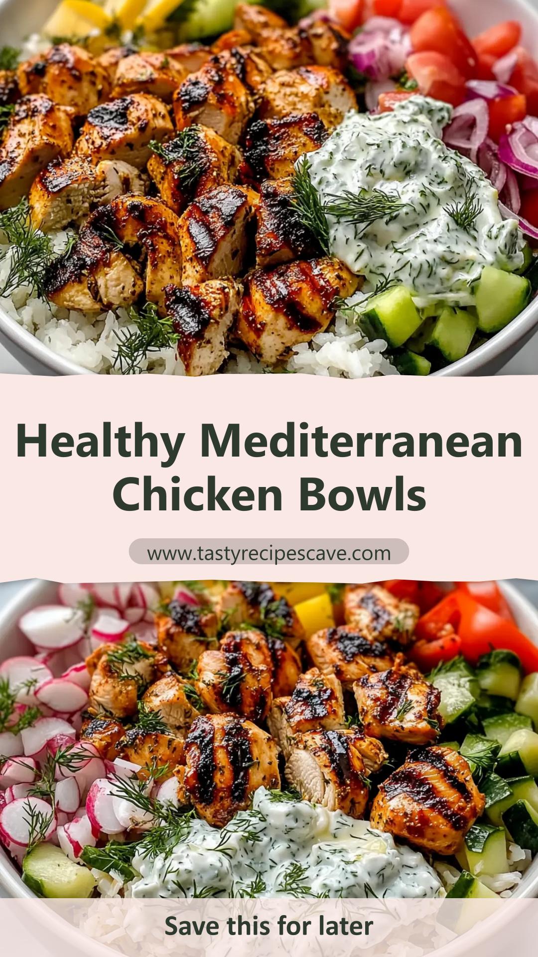 Mediterranean Lemon-Dill Chicken Bowls with Tzatziki and Rice — pin 1
