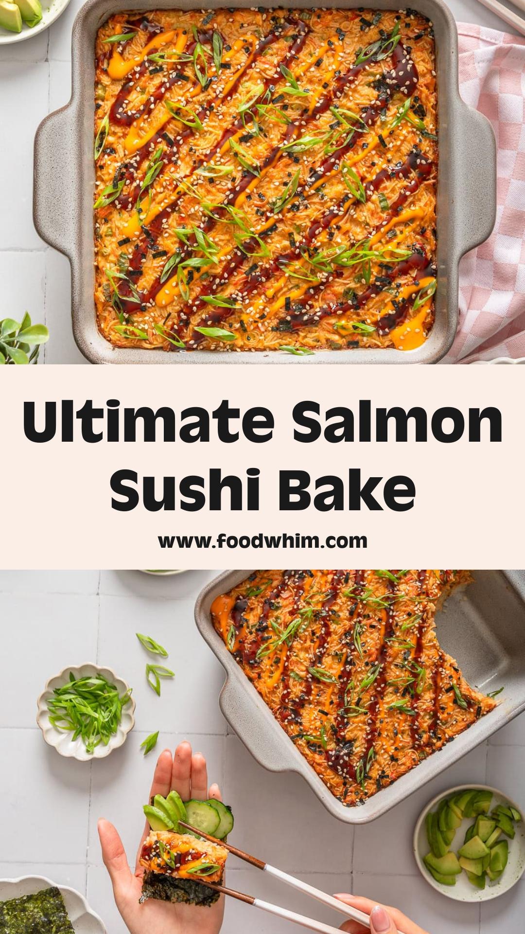 Salmon Sushi Bake with Creamy Sriracha Crab and Furikake Rice — pin 1