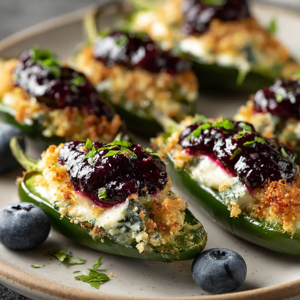 Blueberry Brie Jalapeño Poppers with Bacon and Blueberry Sauce