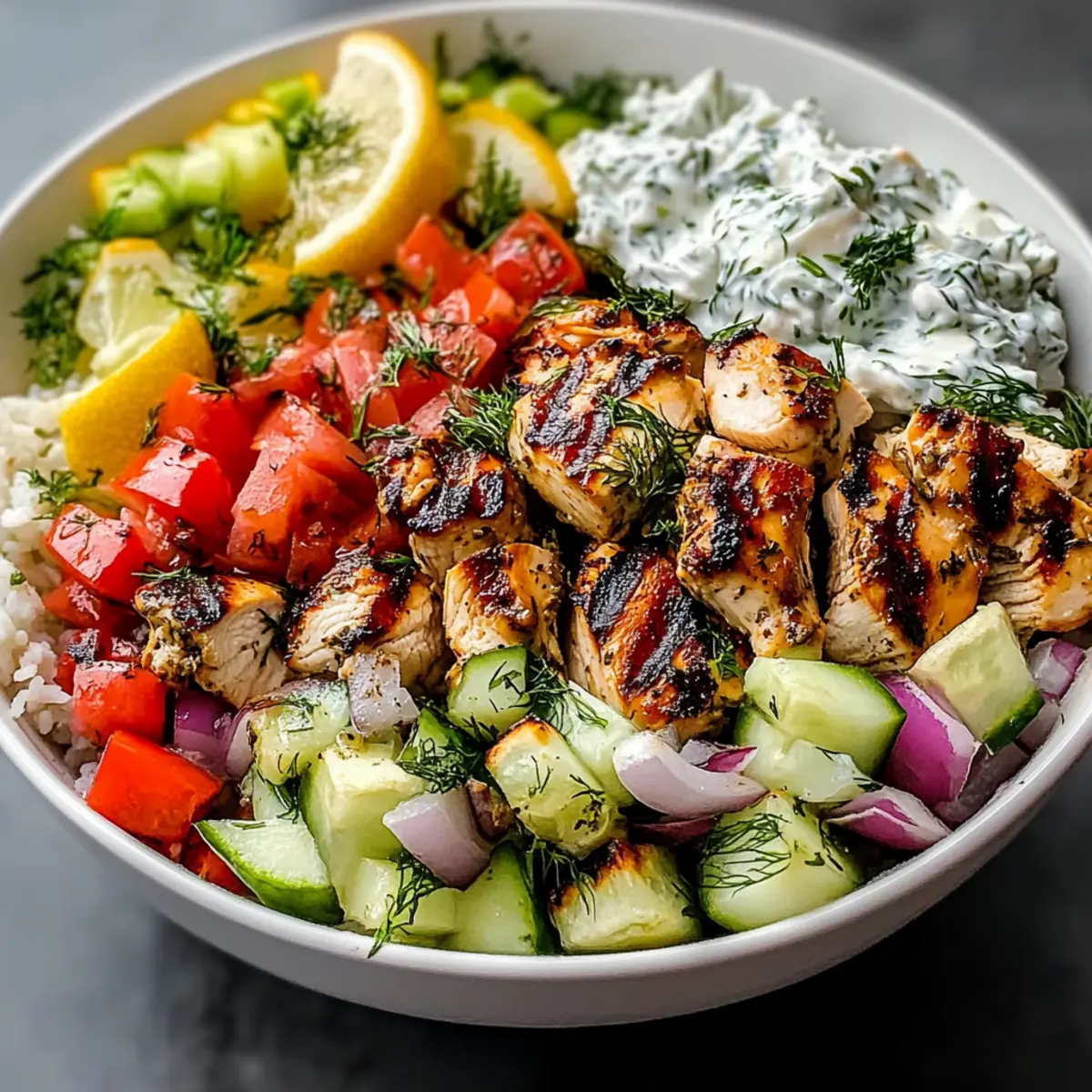 Mediterranean Lemon-Dill Chicken Bowls with Tzatziki and Rice