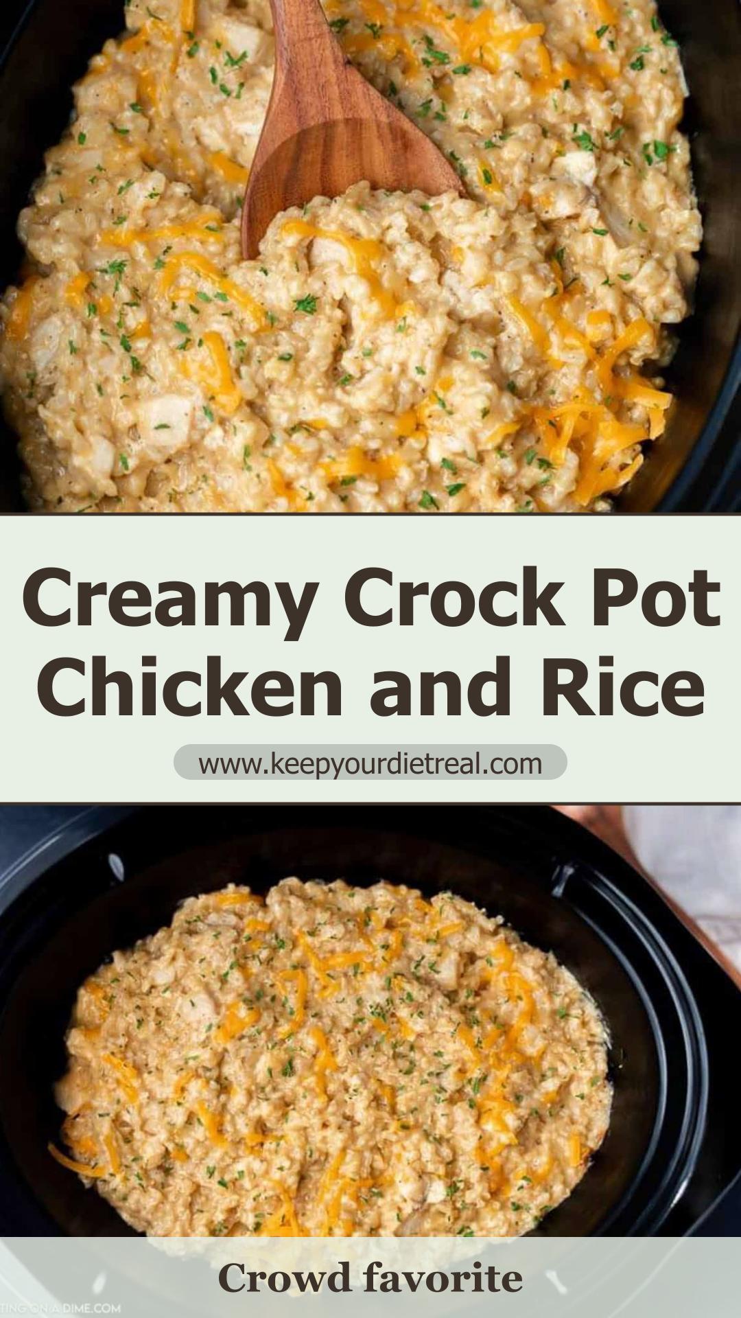 Crock Pot Chicken and Rice: Creamy Cheesy Brown Rice Dinner — pin 1