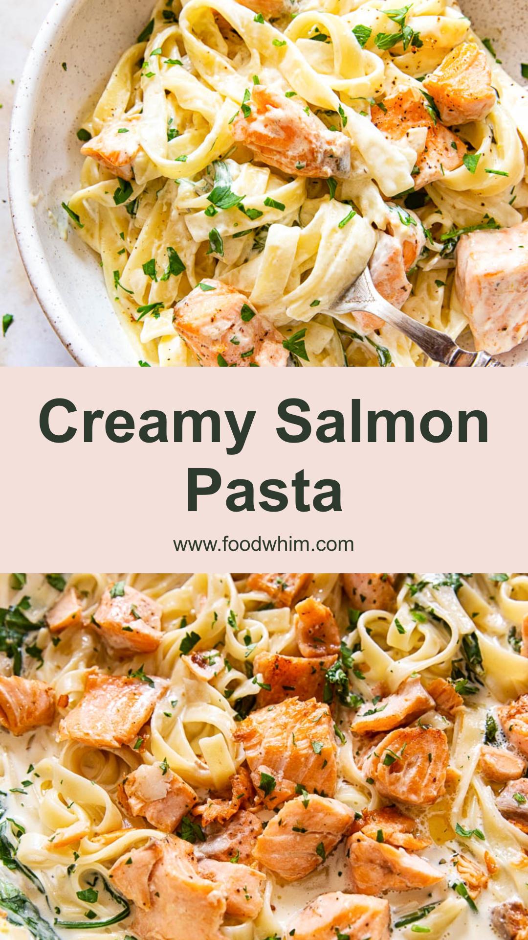 Creamy Salmon Pasta with White Wine Sauce and Mixed Greens — pin 1