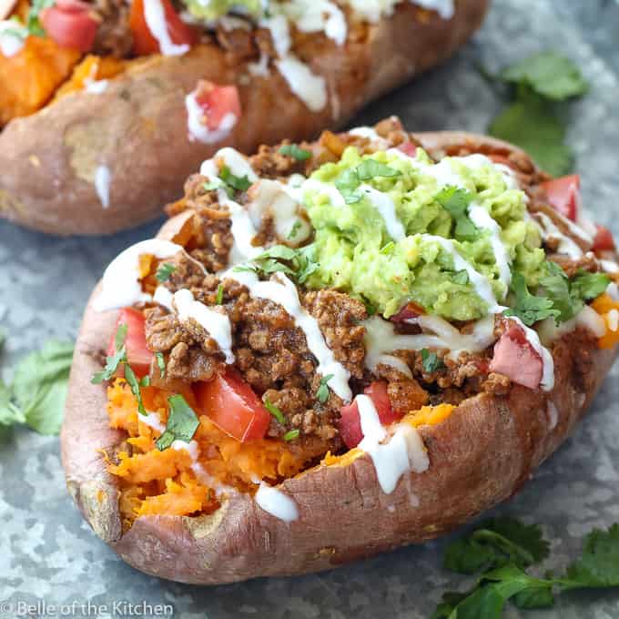 Taco Stuffed Sweet Potatoes with Thick Ground Beef Salsa Filling