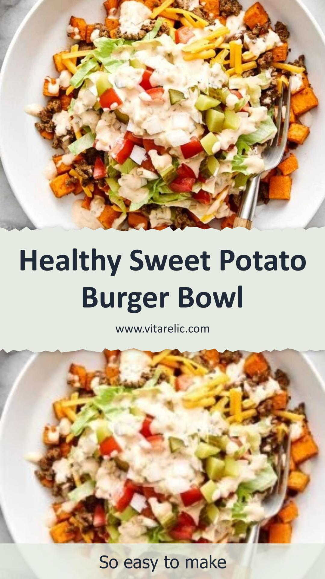 Sweet Potato Burger Bowl with Ground Beef and Burger Sauce — pin 1