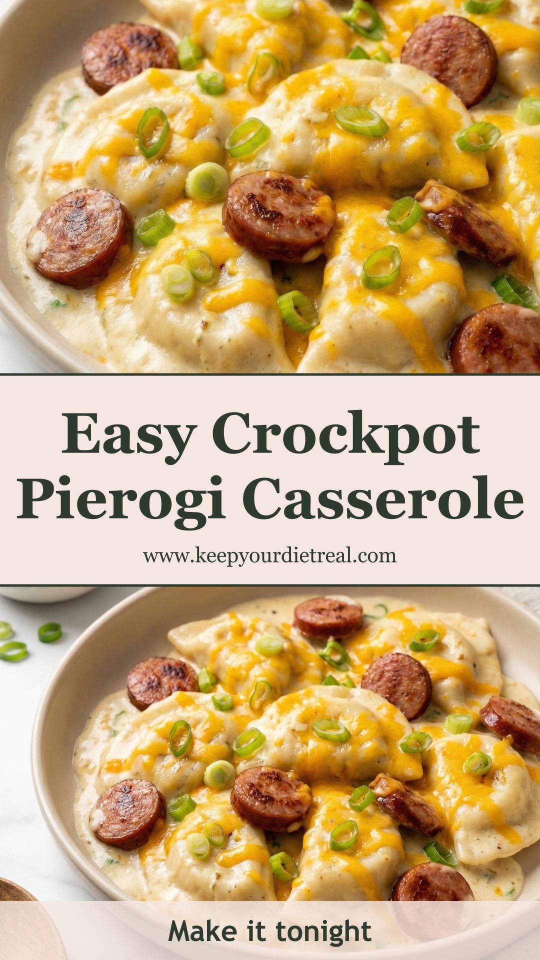 Crockpot Pierogi Casserole with Kielbasa and Creamy Cheddar — pin 5