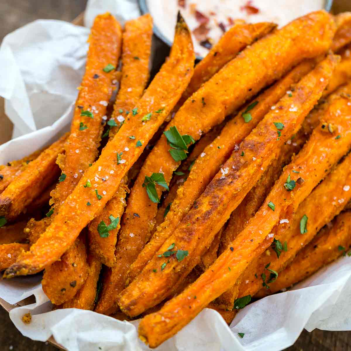 Baked Sweet Potato Fries with Crispy Potato Starch Coating