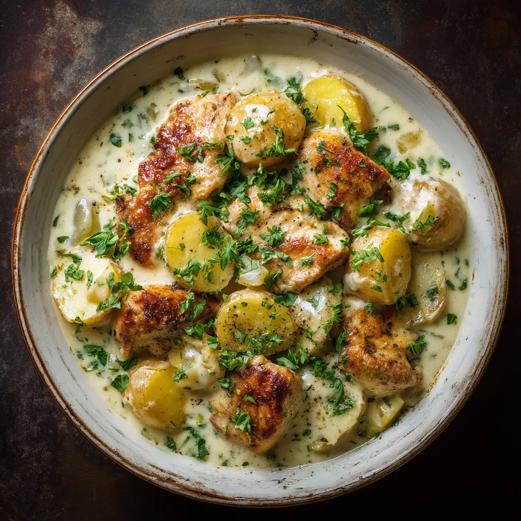 Crockpot Chicken and Potatoes with Garlic Herb Sauce