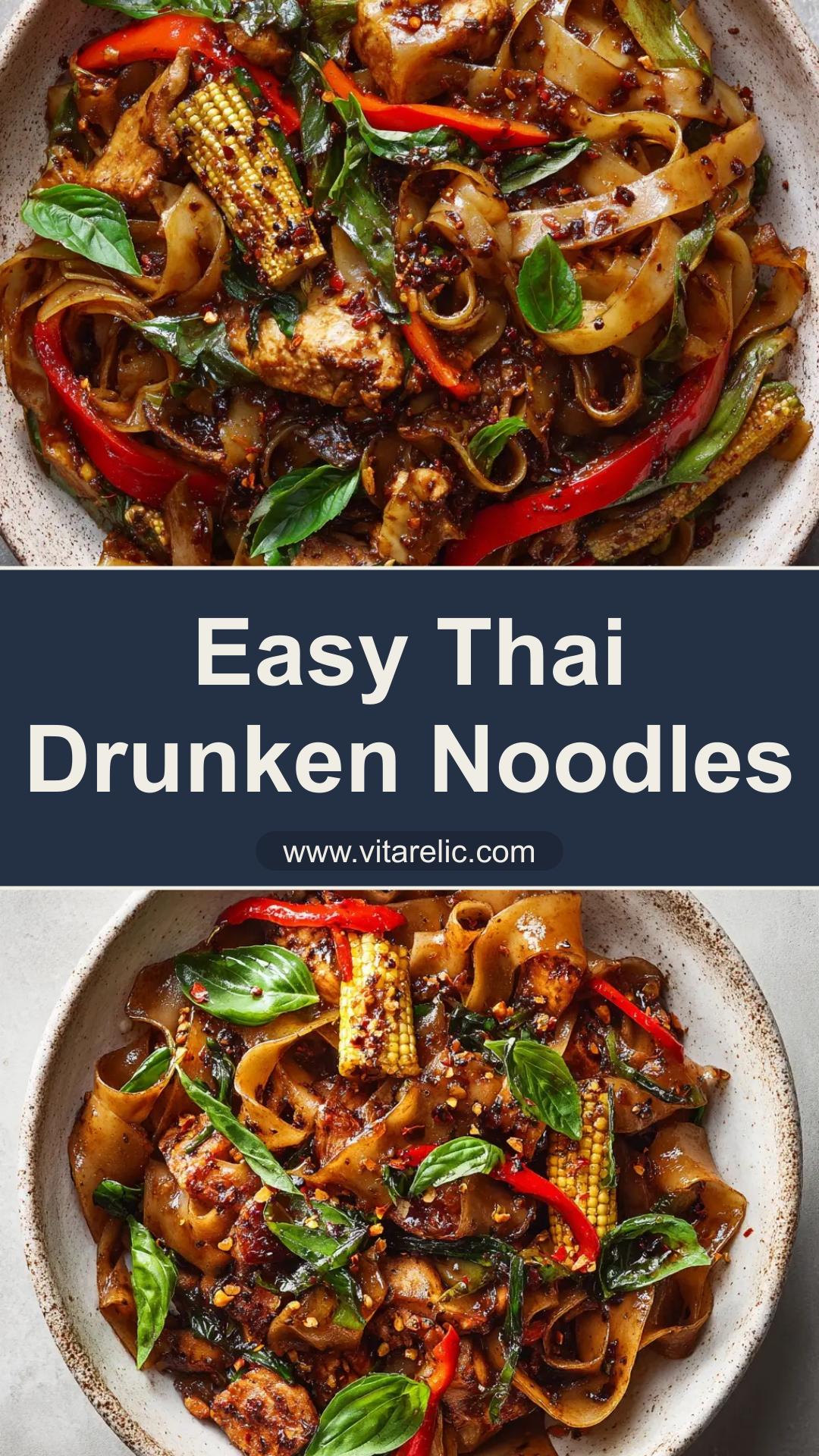 Thai Drunken Noodles (Pad Kee Mao) With Chicken and Basil — pin 1