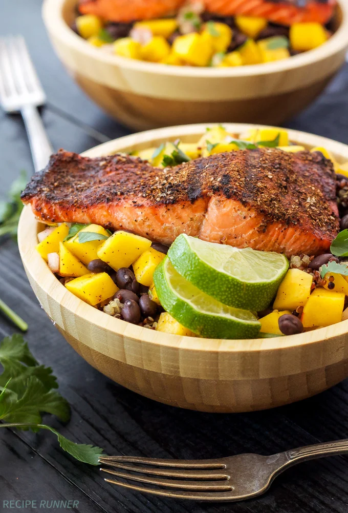 Caribbean Salmon Quinoa Bowls with Fresh Mango Salsa