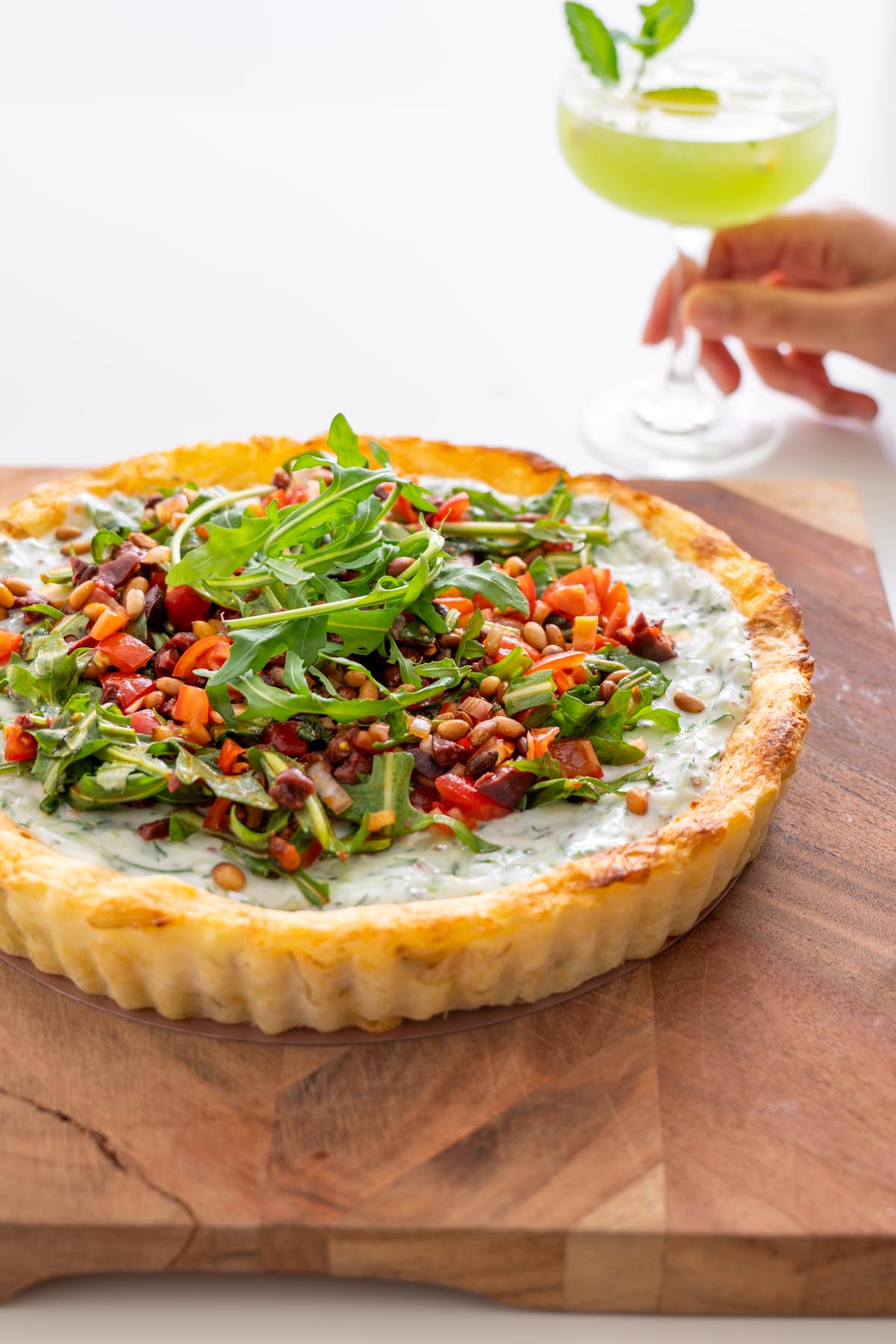 Mediterranean Potato Crust Tart with Vegan Tzatziki and Olive Mix