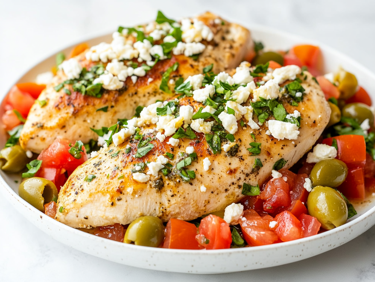 Mediterranean Chicken with Lemony Tomato, Olive, and Feta Skillet Sauce