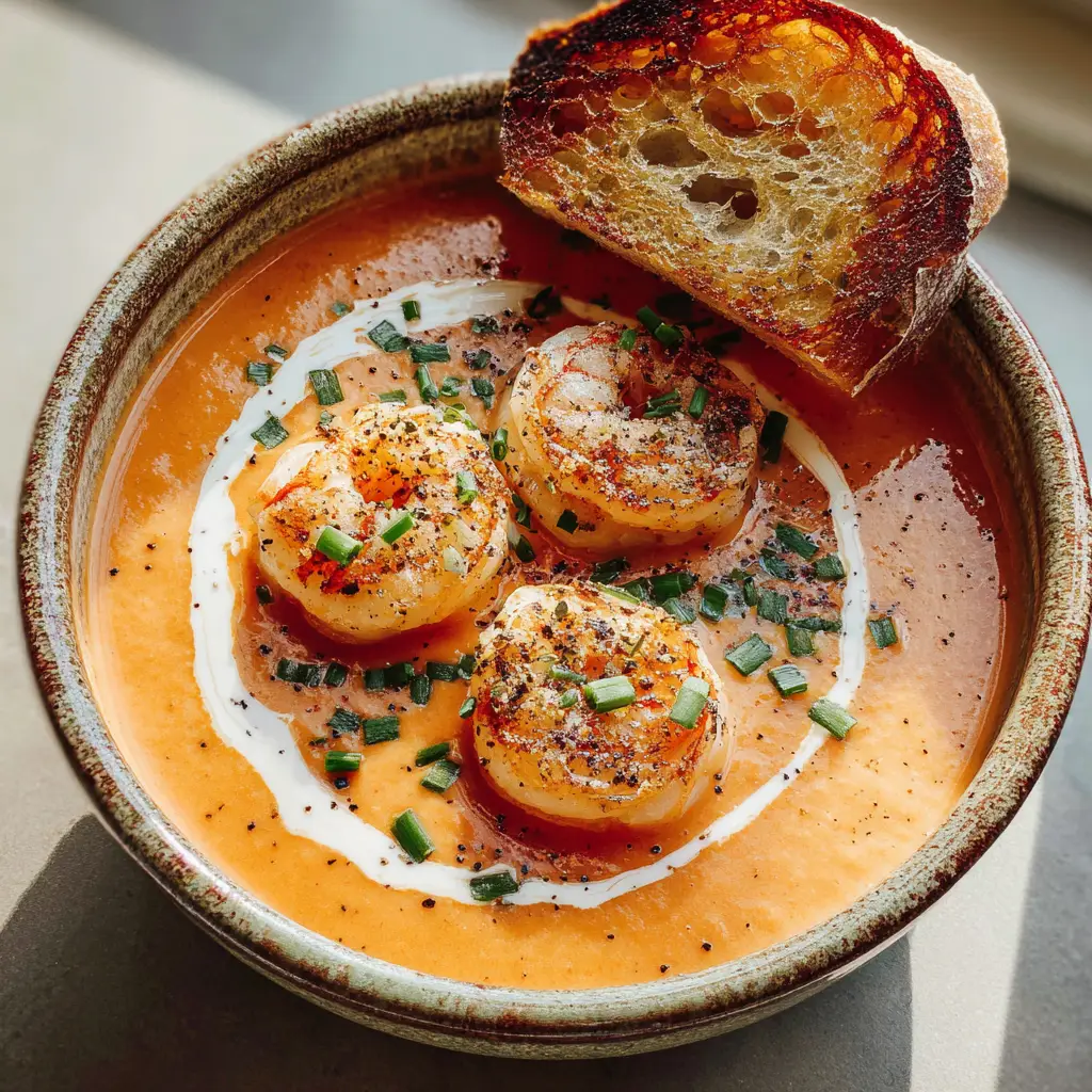 Shrimp Bisque with Pan-Seared Shrimp and Chives