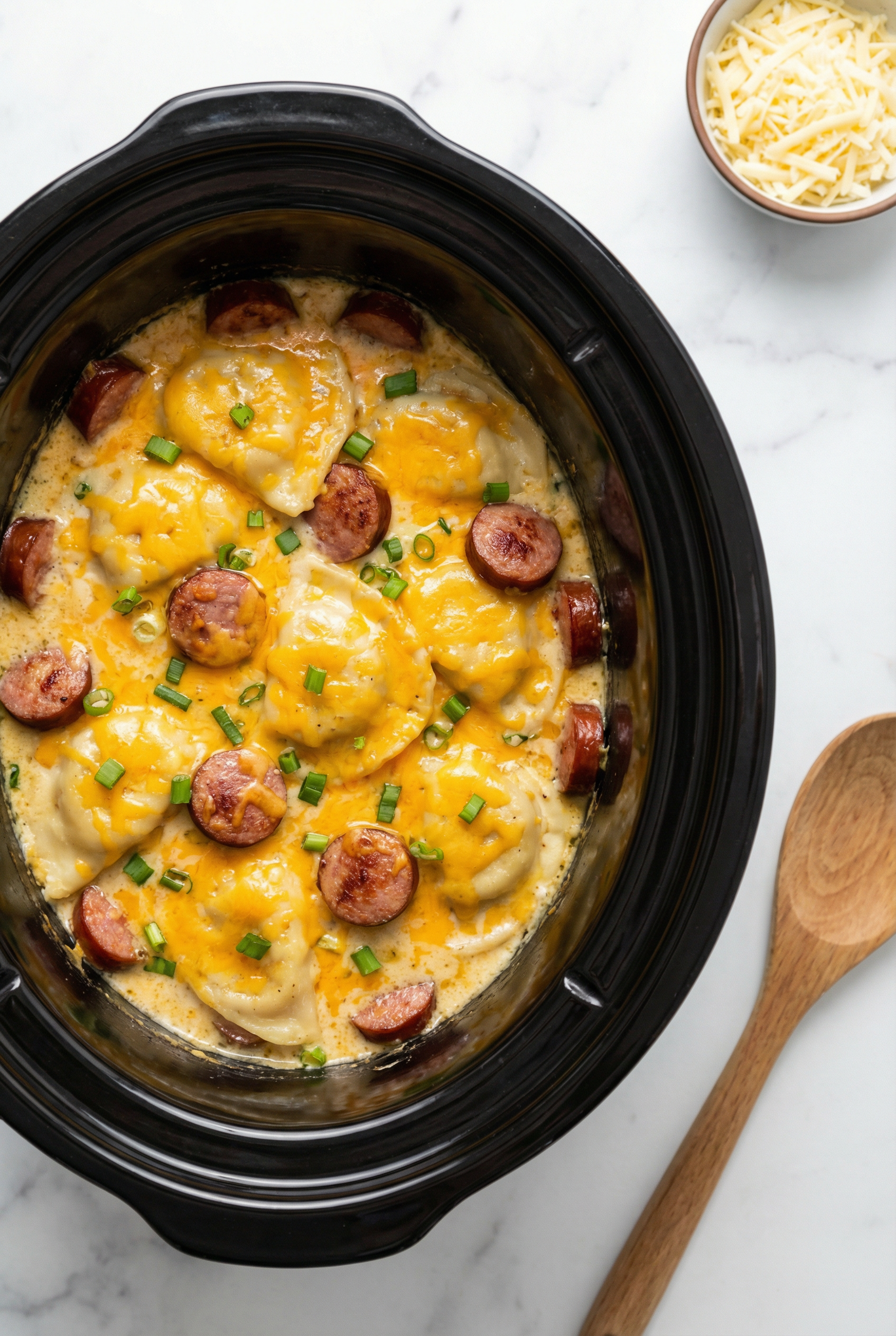 Crockpot Pierogi Casserole with Kielbasa and Creamy Cheddar