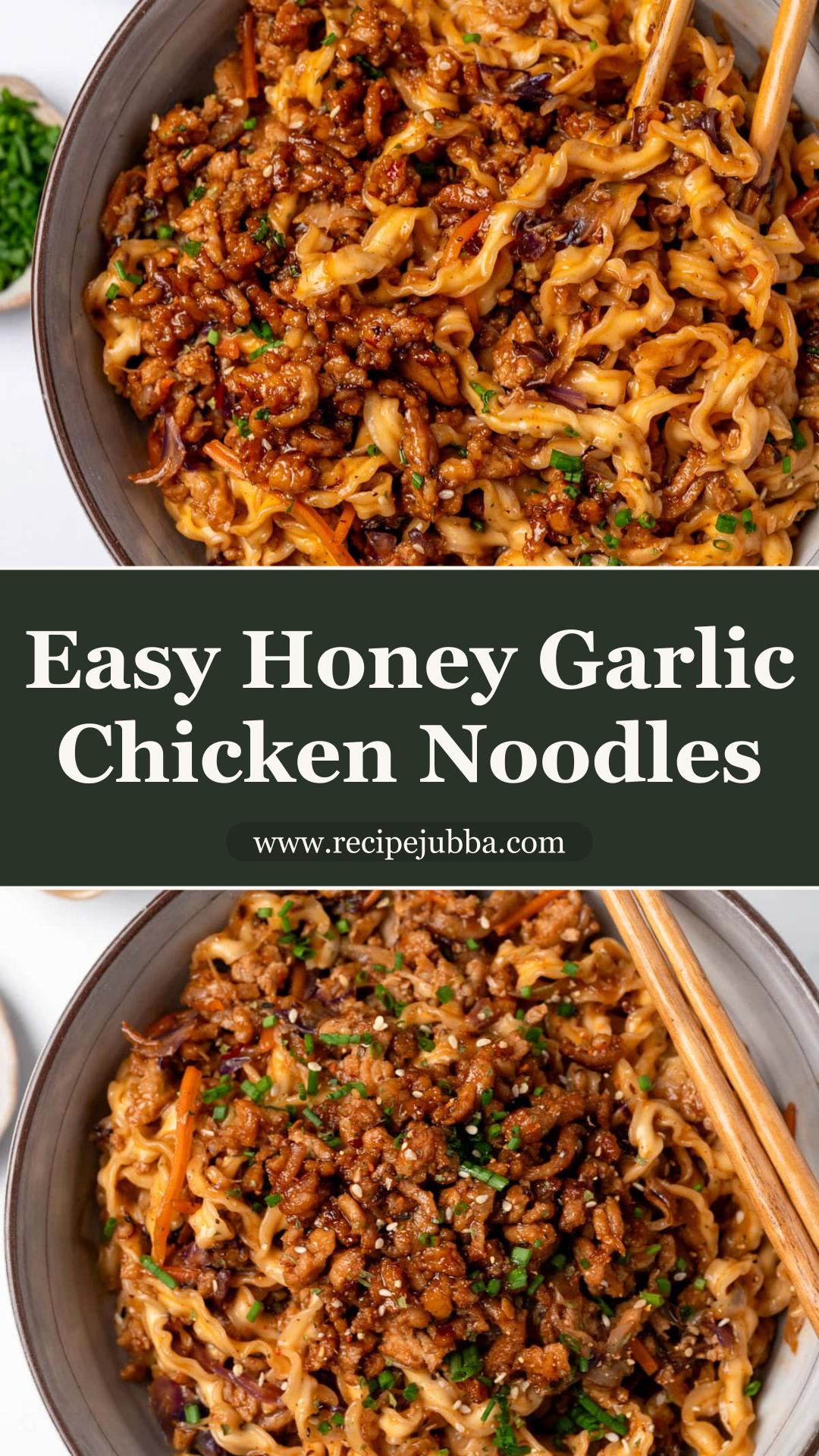 Sticky Honey Garlic Chicken Noodles with Crisped Slaw — pin 3