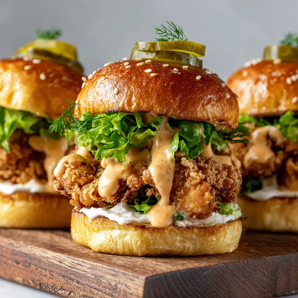 Crispy Fried Chicken Sliders with Spicy Mayo and Pickles