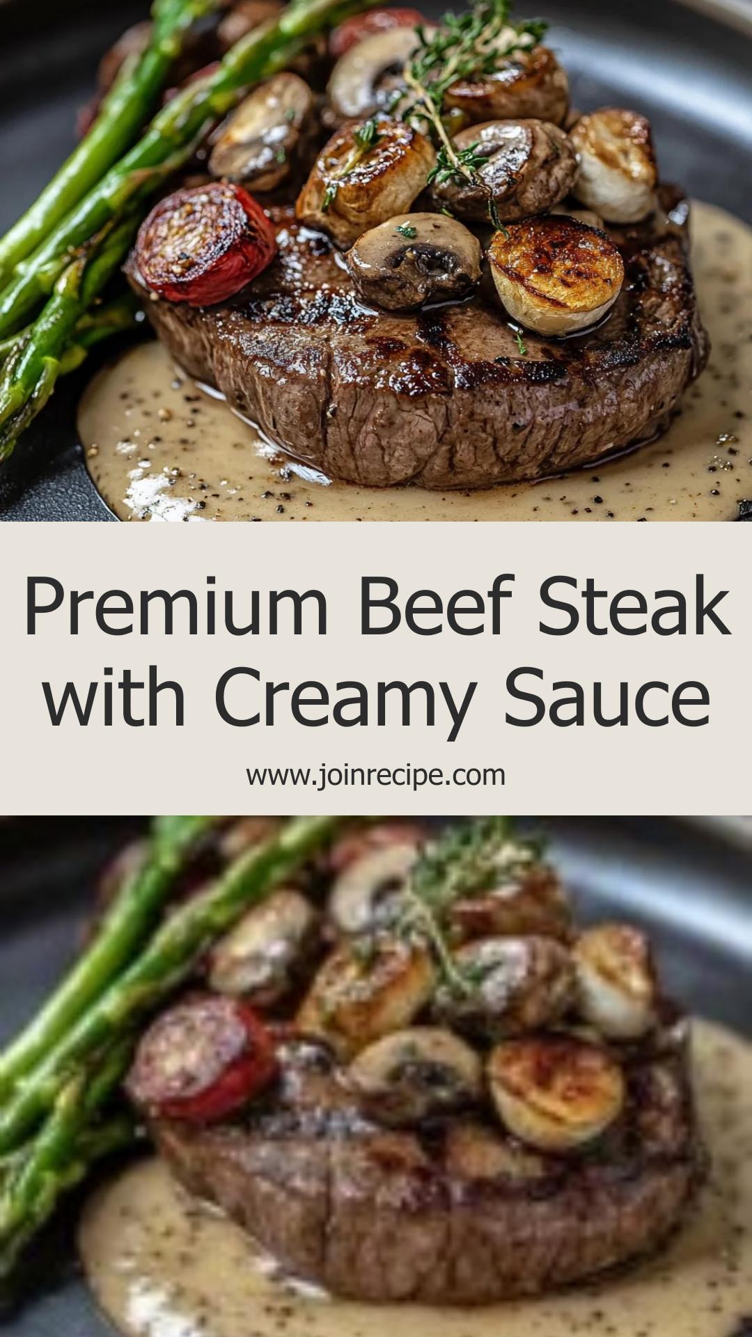 Premium Beef Steak with Creamy Mushroom Sauce and Garlic Asparagus: A Gourmet Delight — pin 1