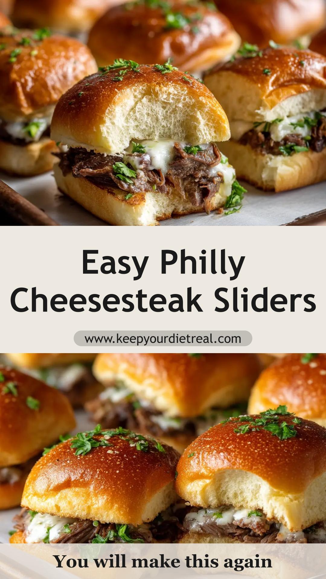 Philly Cheesesteak Sliders with Provolone and Garlic Butter — pin 1
