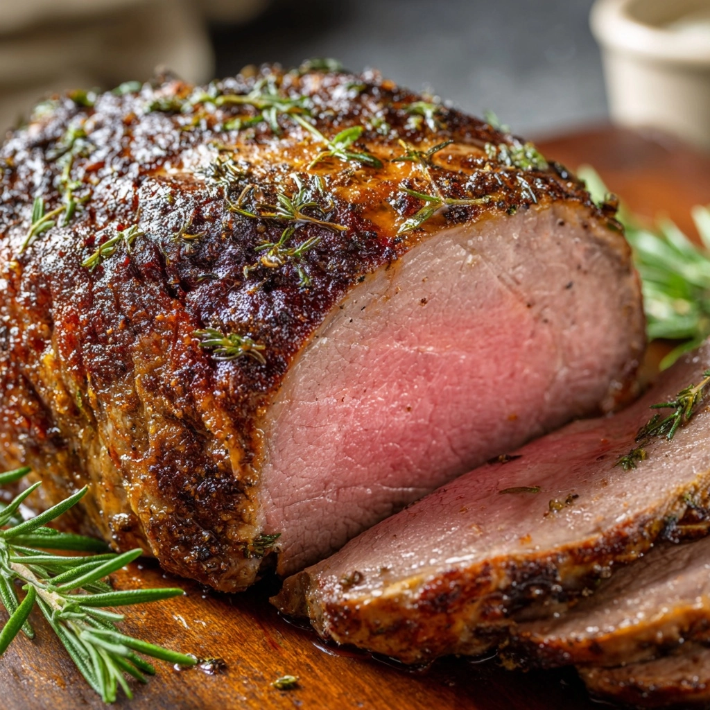 Eye of Round Roast with Garlic Herb Crust and Savory Broth Sauce