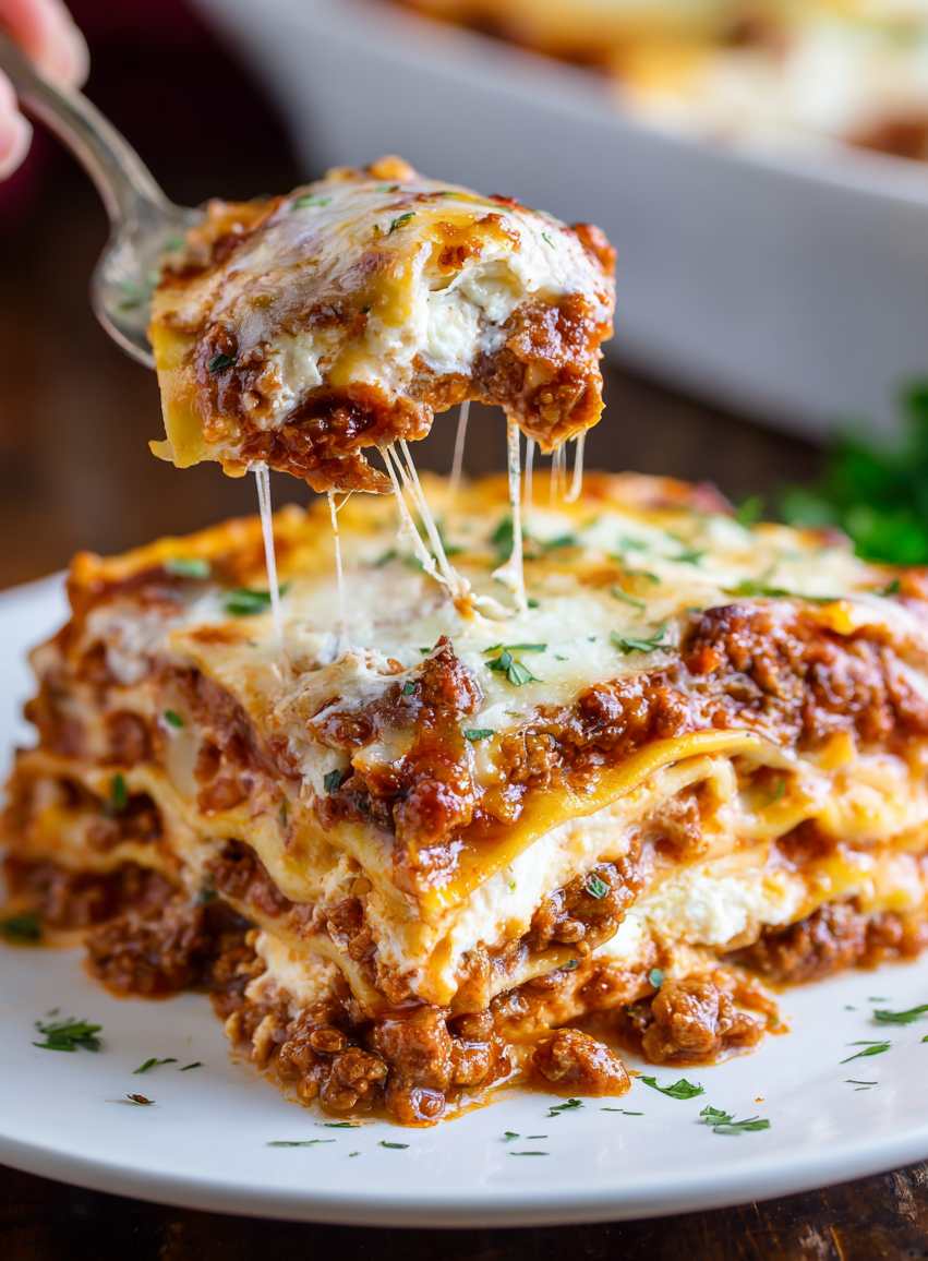 Easy Beef Lasagna with Creamy Ricotta and Golden Mozzarella
