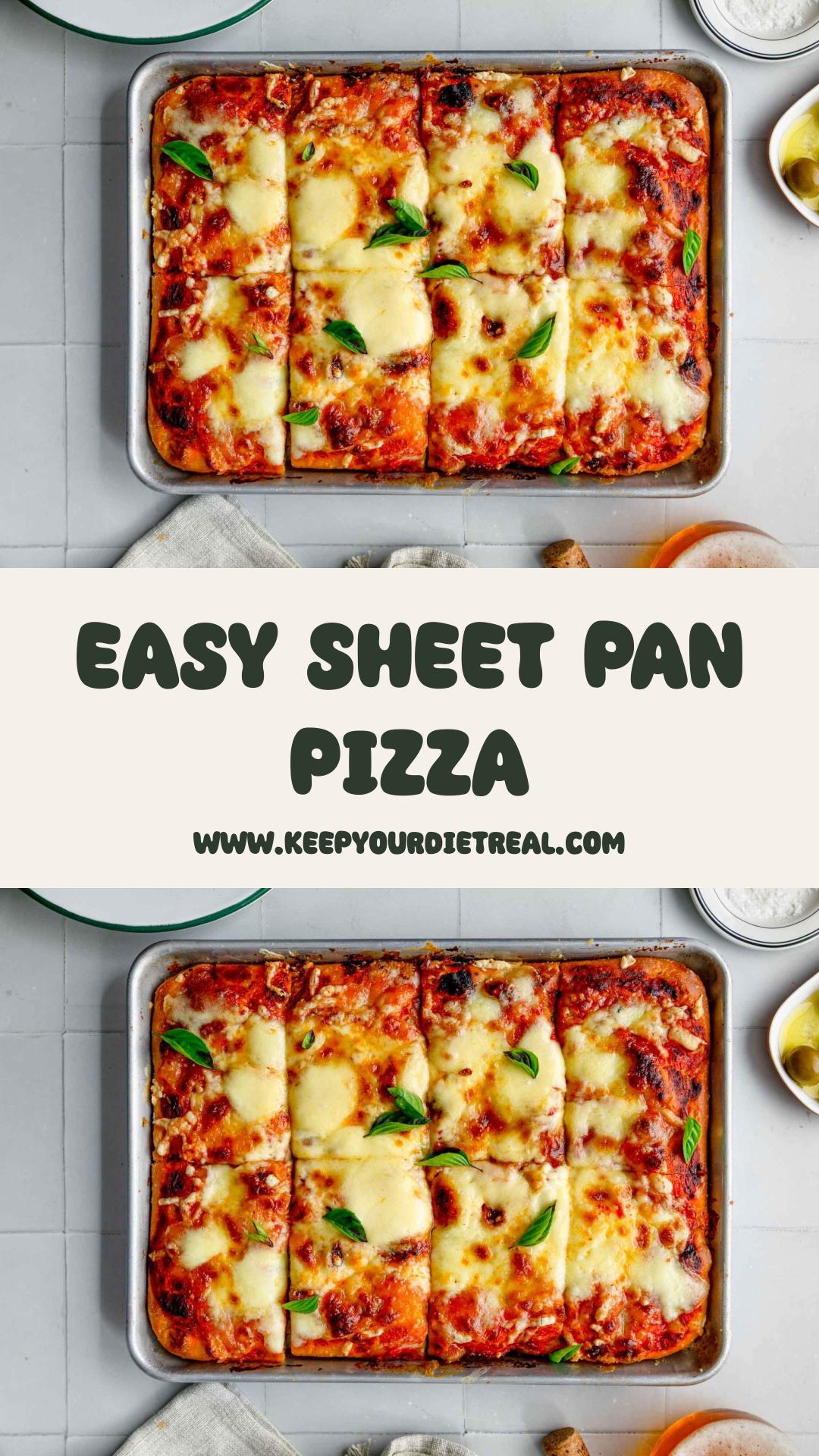Sheet Pan Pizza With Soft Thick Crust and Fresh Basil — pin 1
