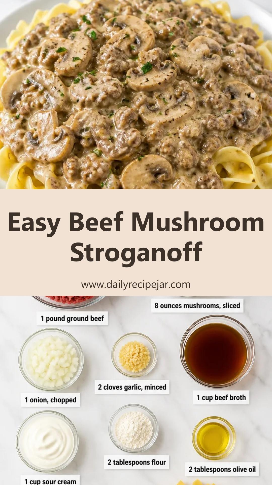 Creamy Mushroom and Ground Beef Stroganoff with Sour Cream — pin 1