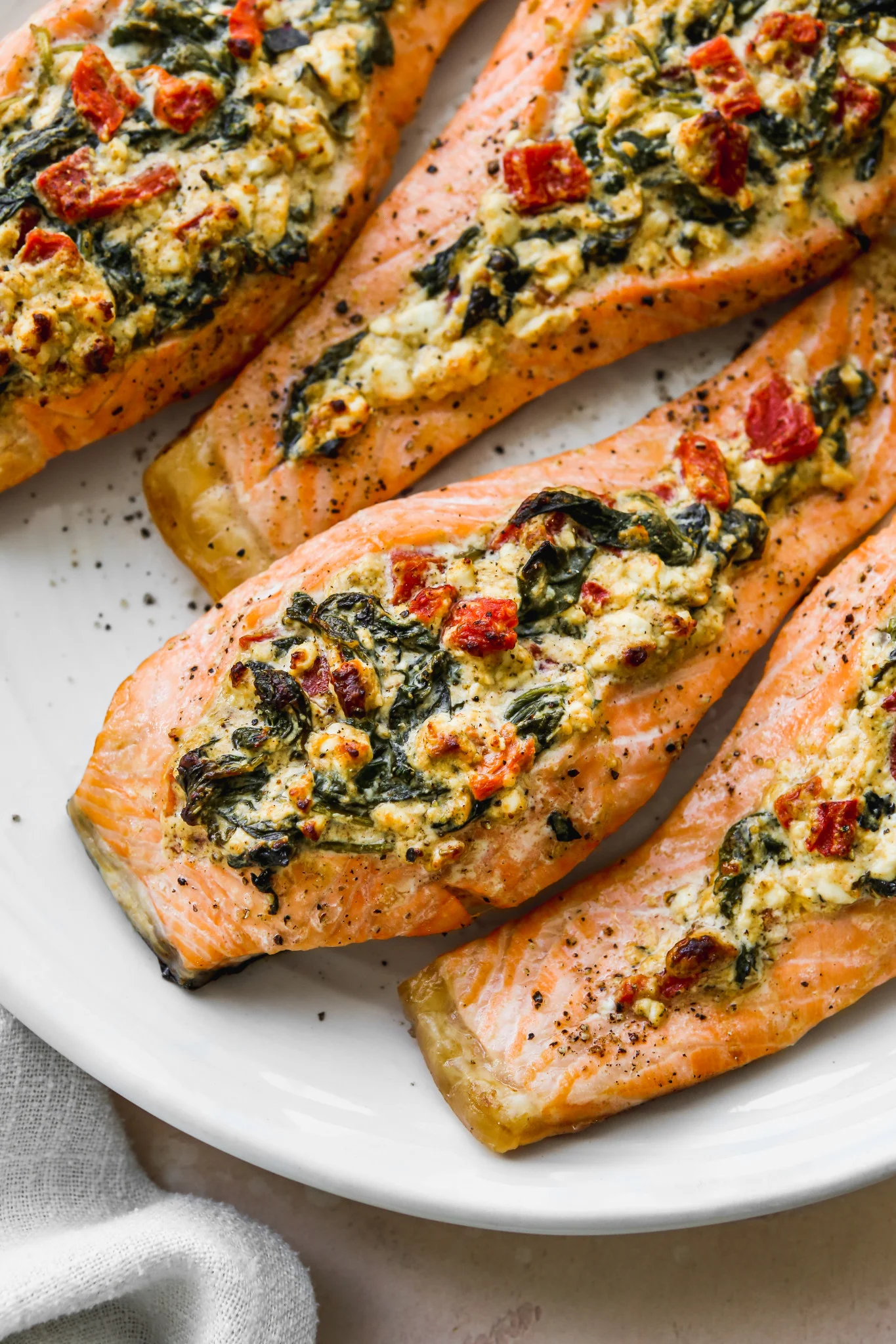 Stuffed Salmon With Spinach, Feta, and Roasted Red Peppers