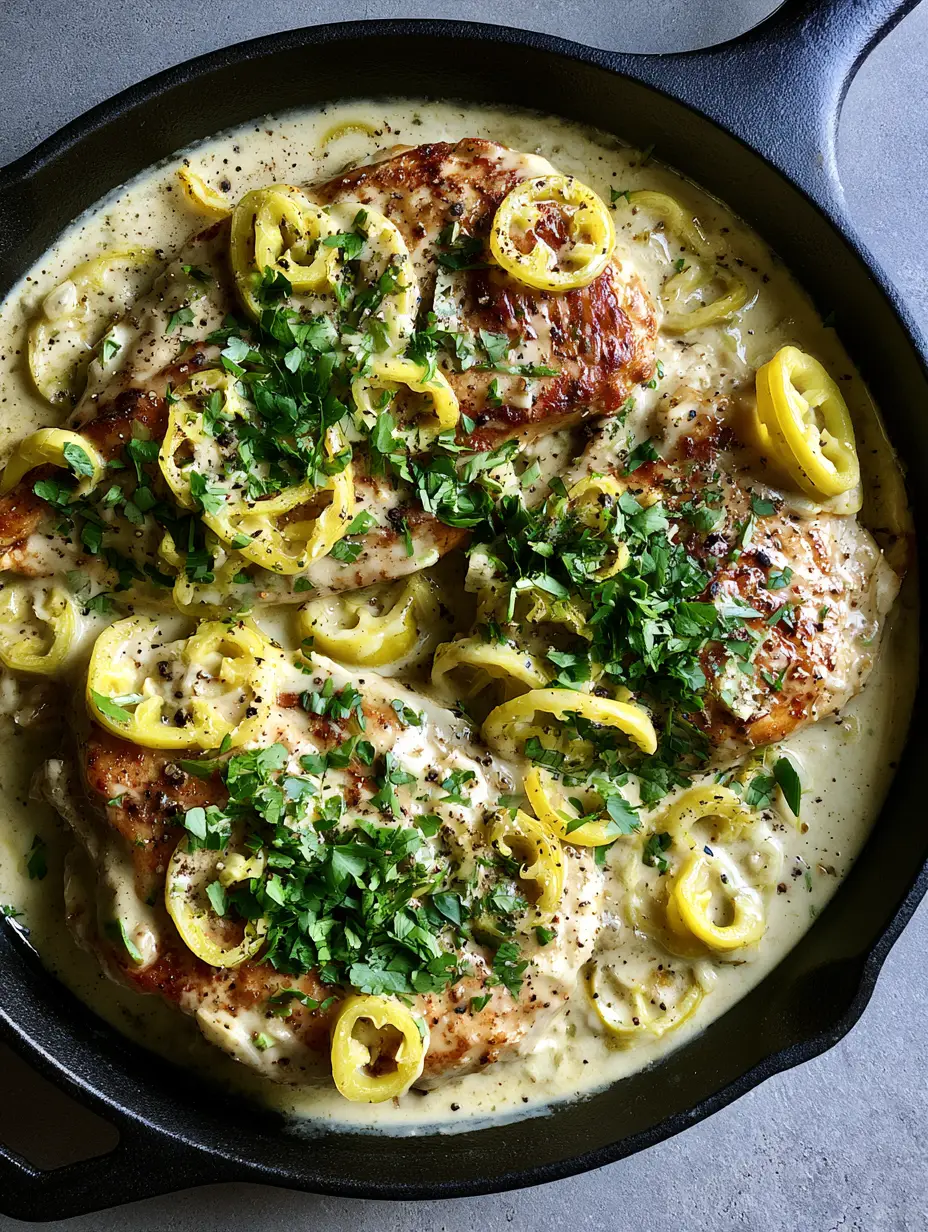 Creamy Pepperoncini Chicken with Garlic and Pepperoncini Brine