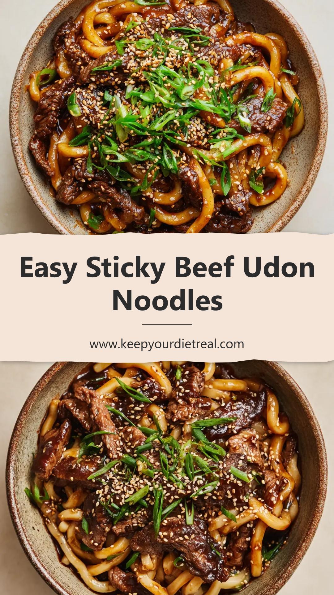 Sticky Beef Noodles with Udon and Glossy Soy Sauce — pin 1