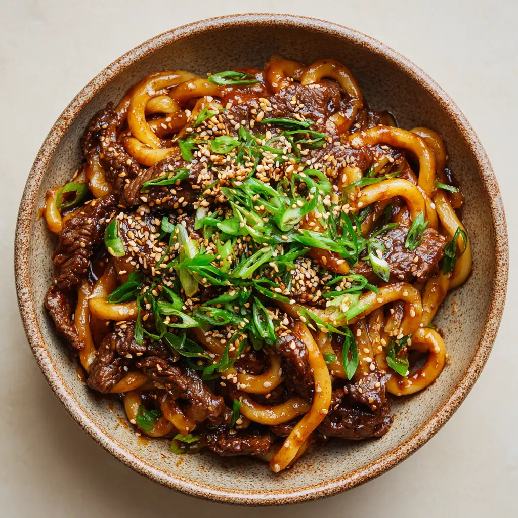 Sticky Beef Noodles with Udon and Glossy Soy Sauce