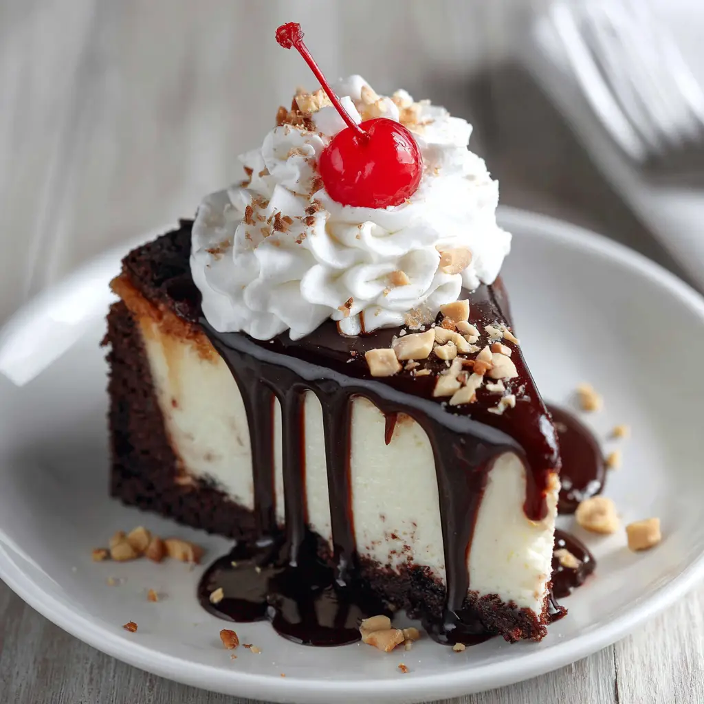 Hot Fudge Sundae Brownie Cheesecake with Roasted Peanuts