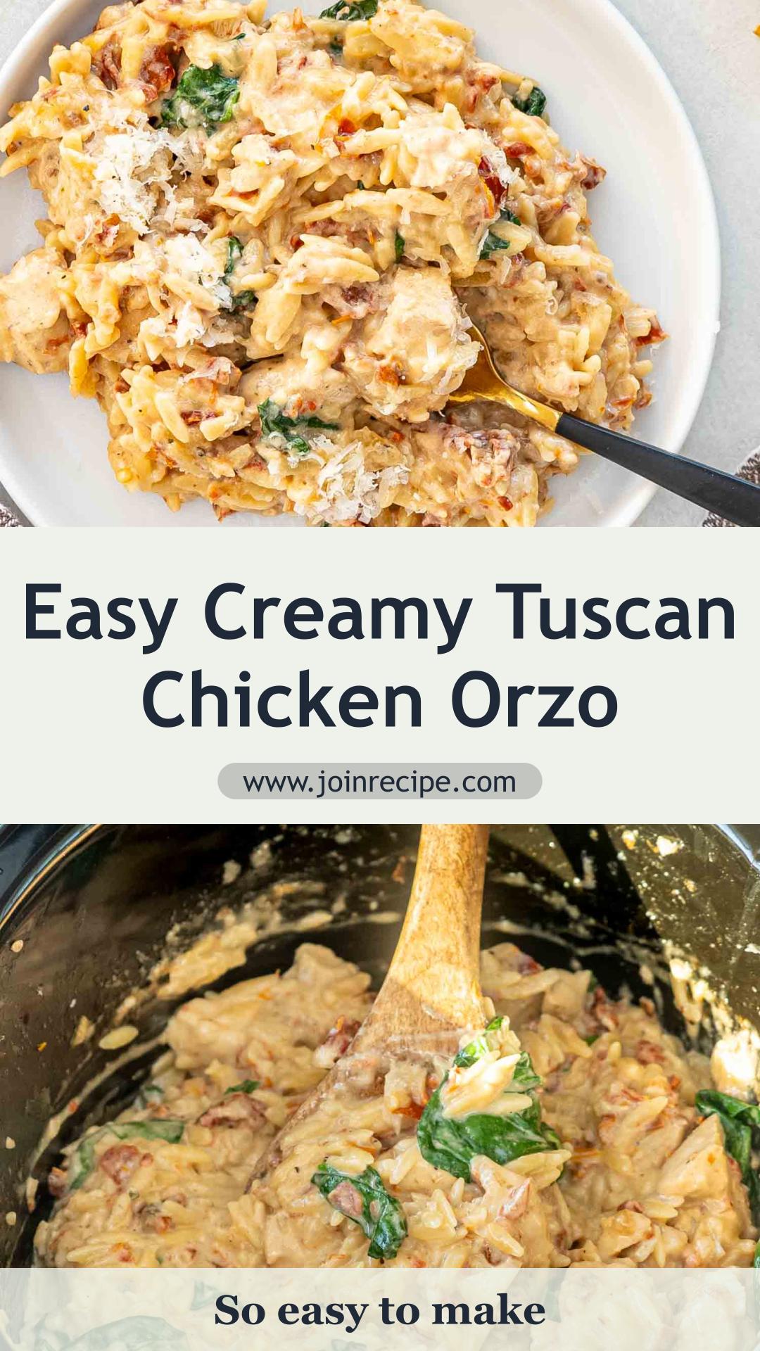 Slow Cooker Creamy Tuscan Chicken Orzo with Sun-Dried Tomatoes and Parmesan — pin 1