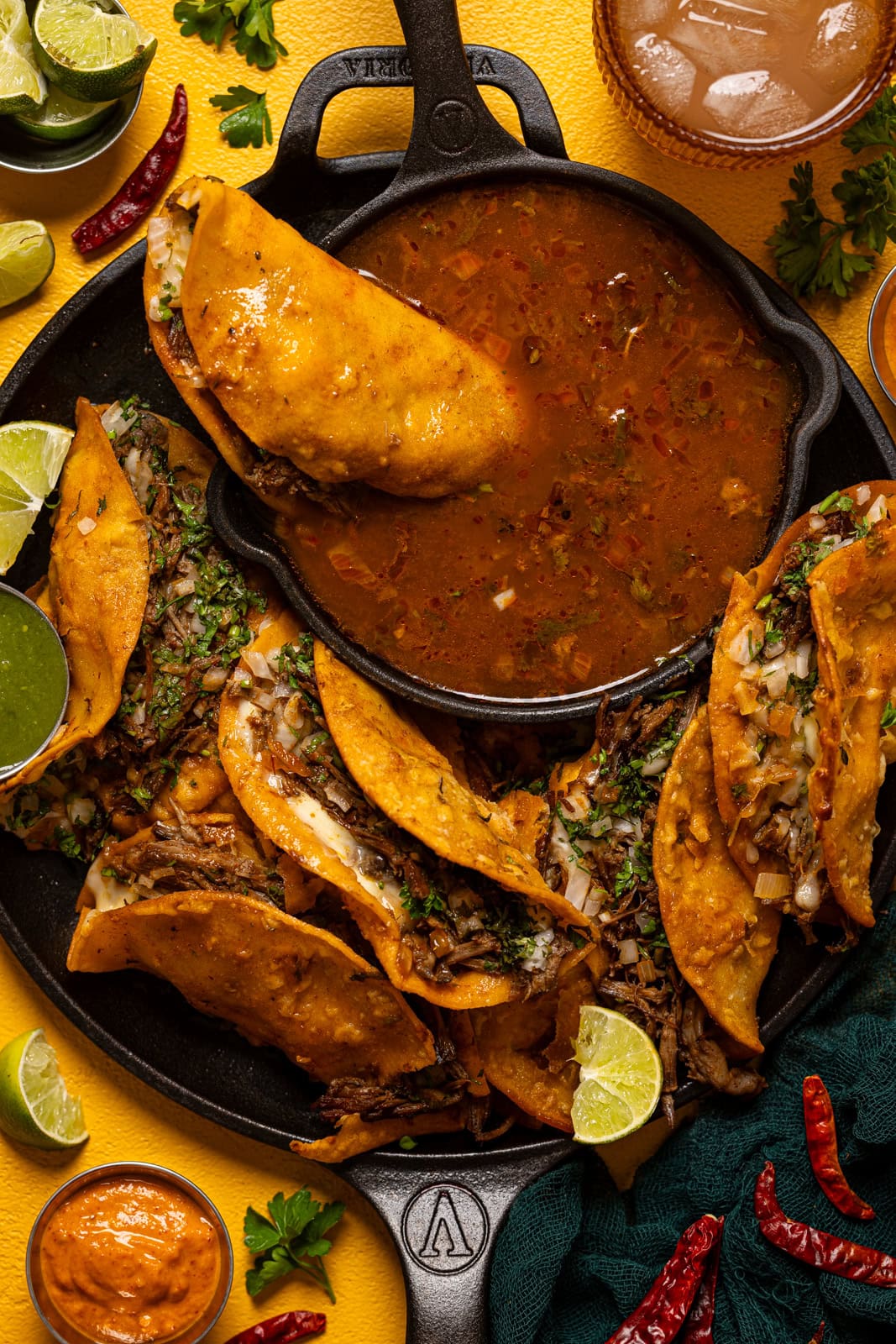 Beef Birria Tacos with Oaxaca Cheese and Crispy Corn Tortillas