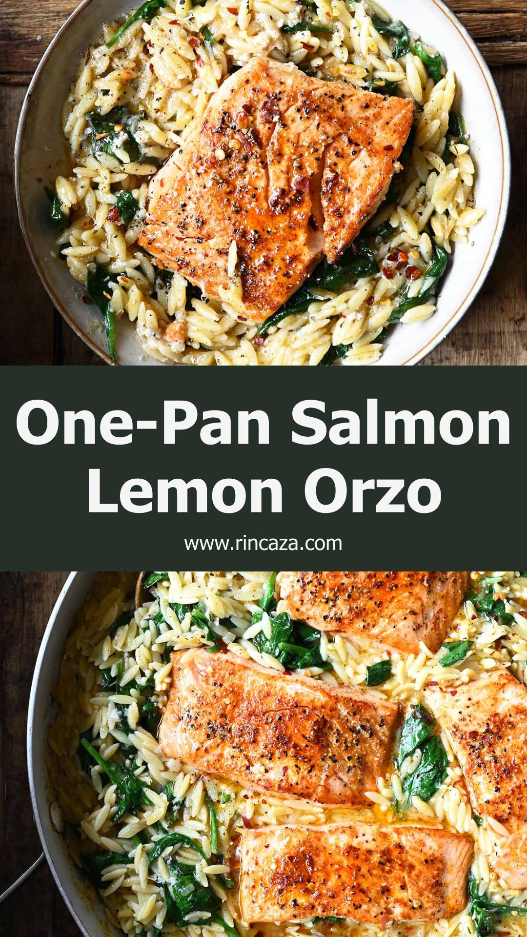 One Skillet Salmon with Lemon Orzo and Glossy Parmesan Sauce — pin 1