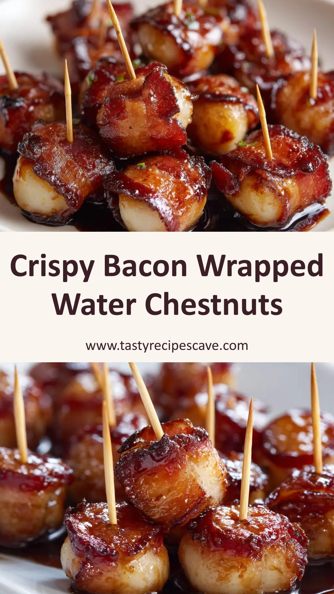 Bacon Wrapped Water Chestnuts with Sweet Soy Glaze — pin 1