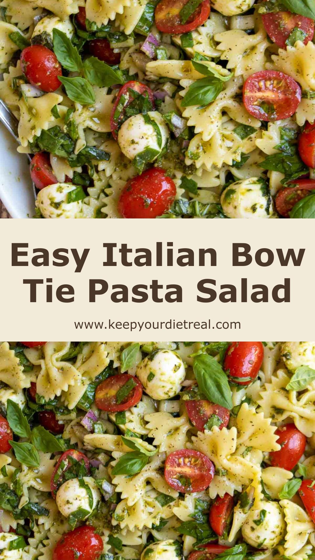 Italian Bow Tie Pasta Salad with Pesto, Bocconcini, and Cherry Tomatoes — pin 1